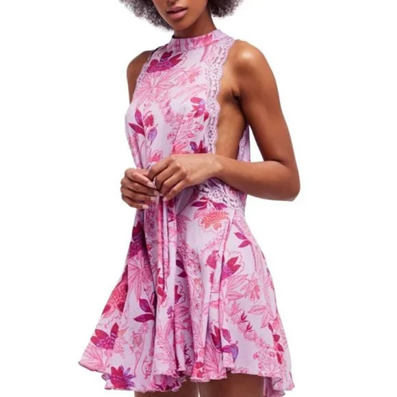 Free People Mini Dress Medium Purple Pink Floral She Moves Sleeveless Tunic - Picture 9 of 13